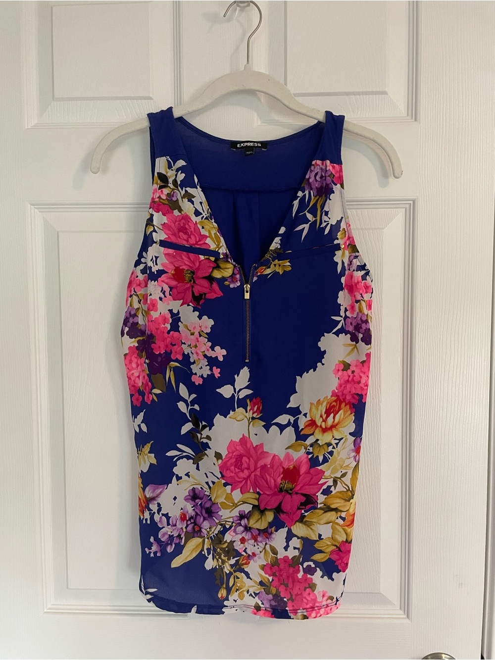 Express Floral Zip-Front Royal Blue Sleeveless Tank